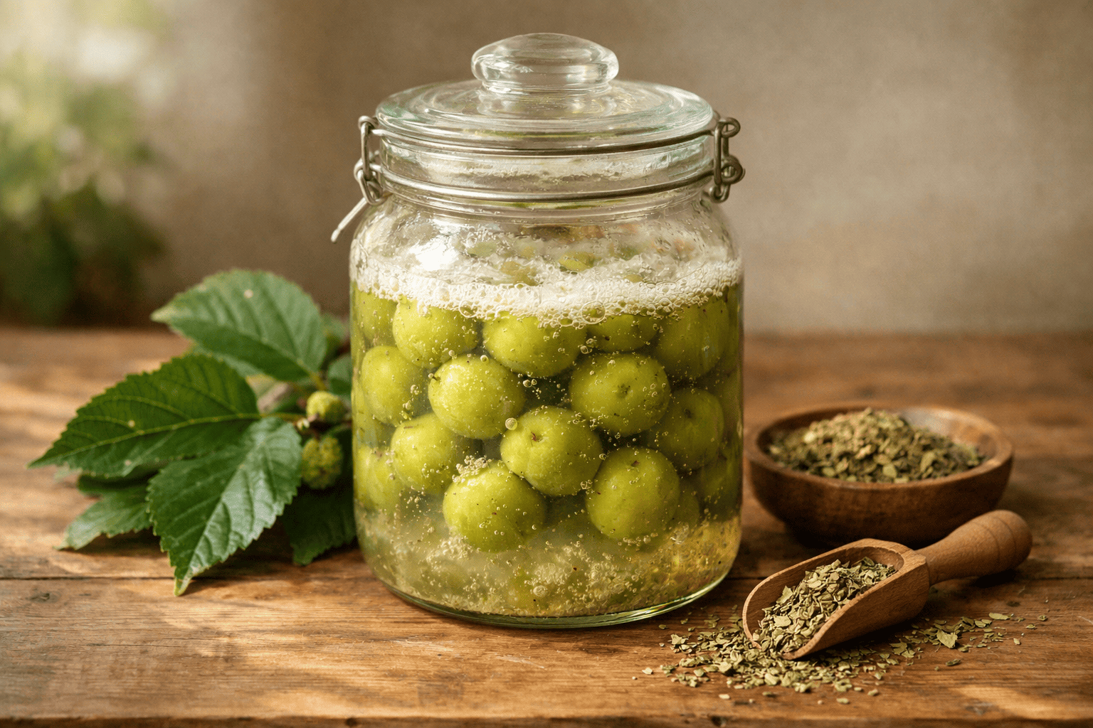 Fermentierte grüne Pflaumen im Glas – traditionelle Fermentation für natürliche Darmgesundheit