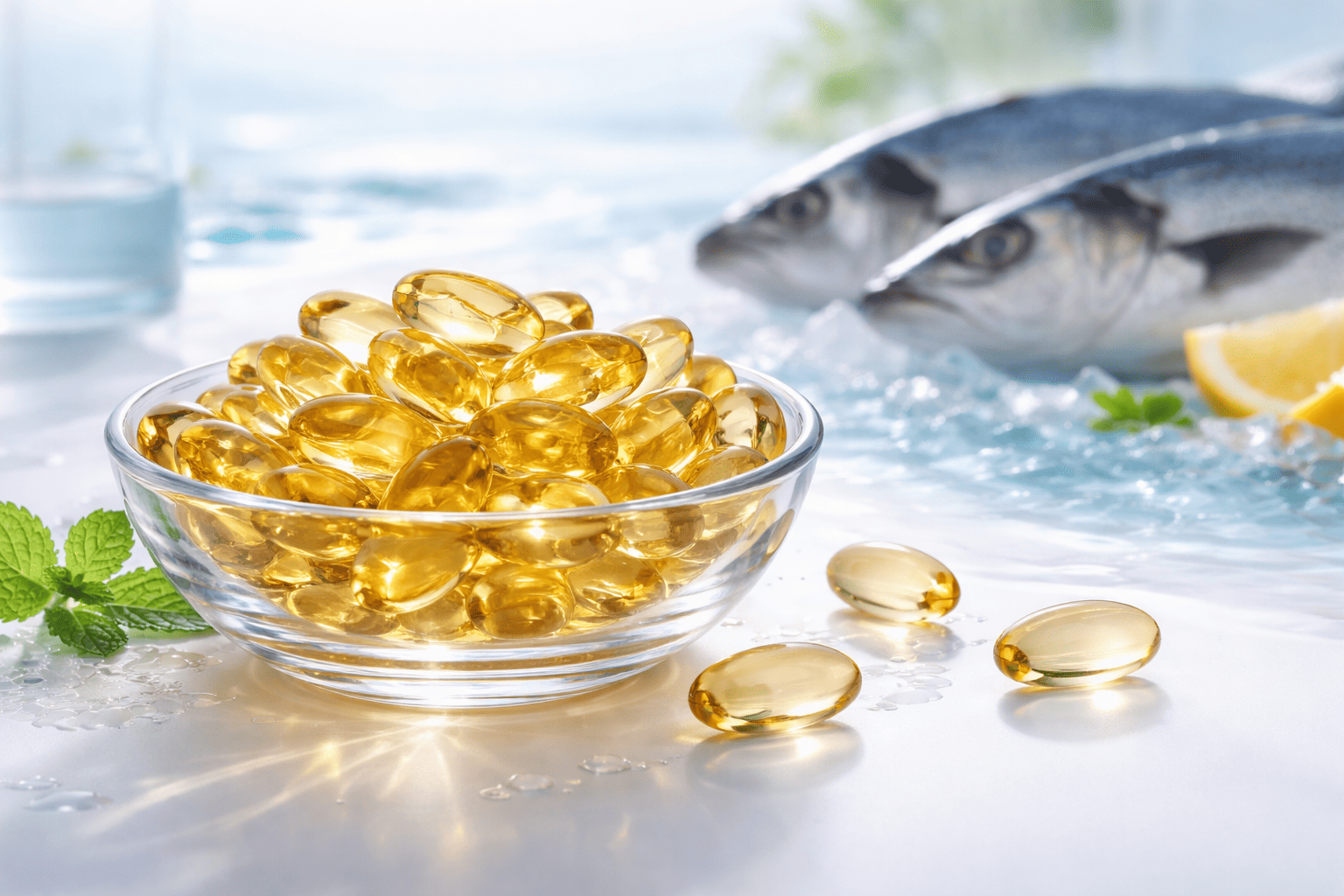 Omega-3 Fischöl Kapseln in Glas-Schale mit frischem Fisch im Hintergrund