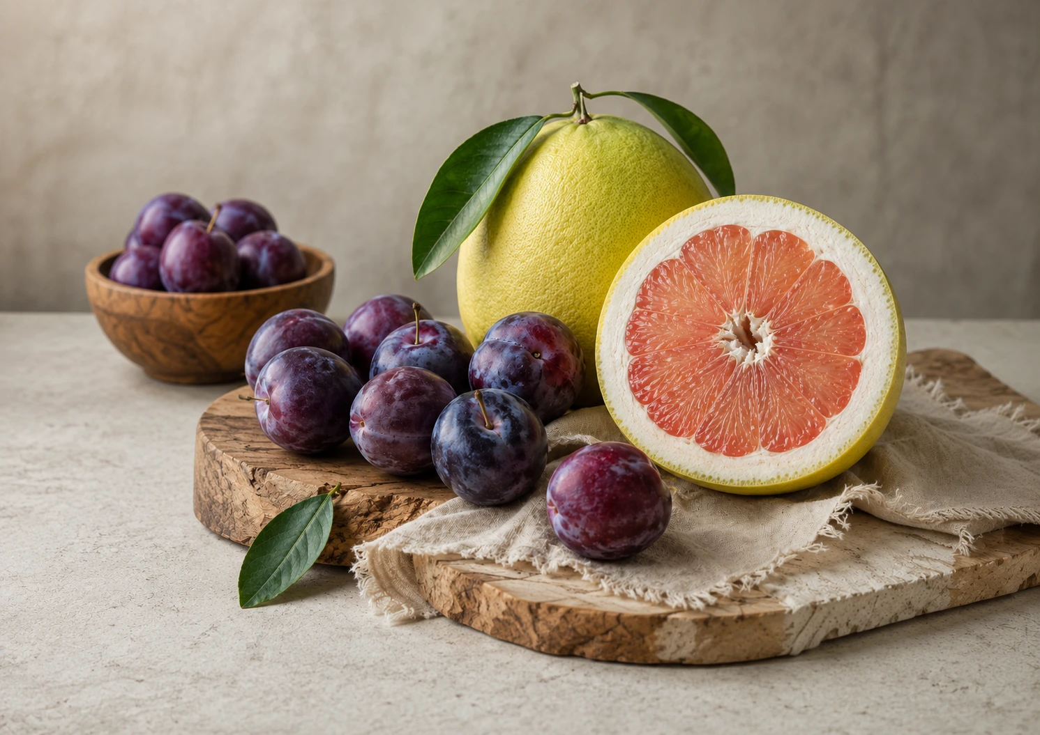 Pflaumen und aufgeschnittene Pomelo auf Holz und Leinen arrangiert